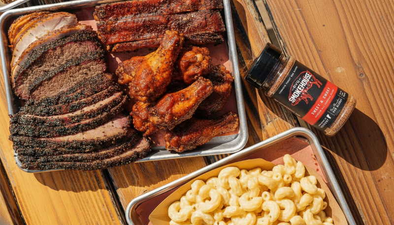 Assorted smoked meats with macaroni and cheese and a bottle of Smokehouse BBQ sauce on a wooden surface.