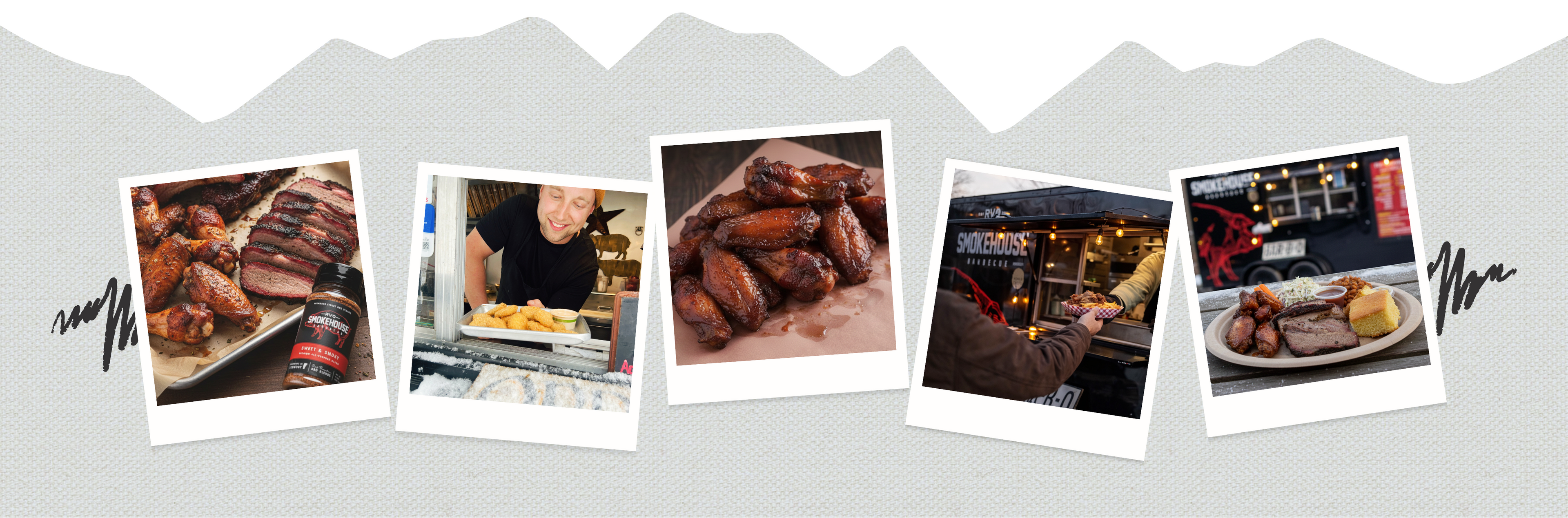 Collage of images showing food and people in a restaurant setting on a light gray background.